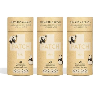 Parche para niños ecológicos de bambú para abrasiones y rozaduras, hipoalergénico, cuidado de heridas para piel sensible, biodegradable, libre de látex, libre de plástico, sin residuos, aceite de coco, 25 quilates (paquete de 3)