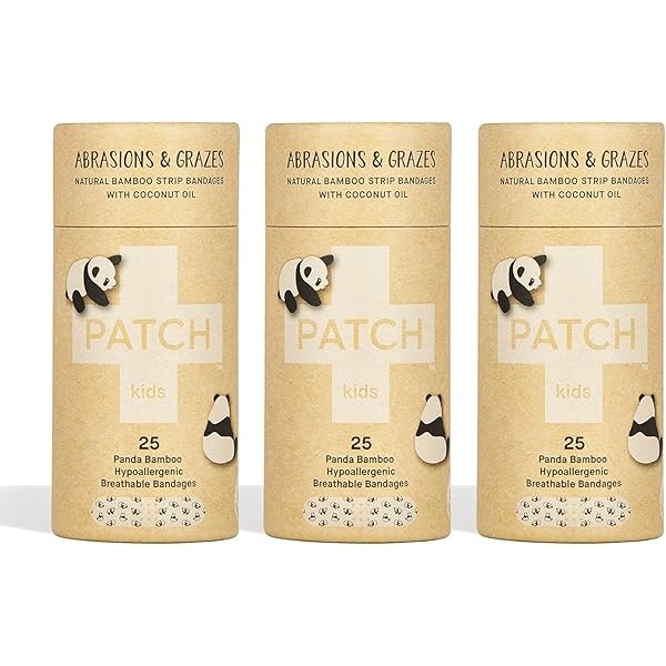 Parche para niños ecológicos de bambú para abrasiones y rozaduras, hipoalergénico, cuidado de heridas para piel sensible, biodegradable, libre de látex, libre de plástico, sin residuos, aceite de coco, 25 quilates (paquete de 3)