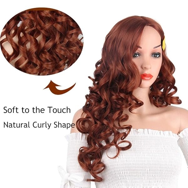Pelucas Auburn Pelucas largas onduladas rojas sintéticas para mujeres Pelucas de jengibre rizadas naranja oscuro pelo ondulado resistente al calor rojo cobre peluca de repuesto Cosplay peluca - Image 3