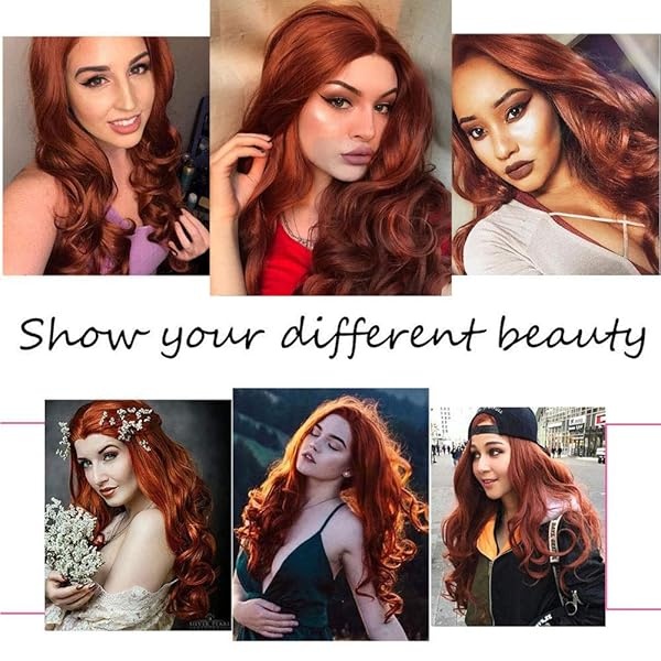 Pelucas Auburn Pelucas largas onduladas rojas sintéticas para mujeres Pelucas de jengibre rizadas naranja oscuro pelo ondulado resistente al calor rojo cobre peluca de repuesto Cosplay peluca - Image 5