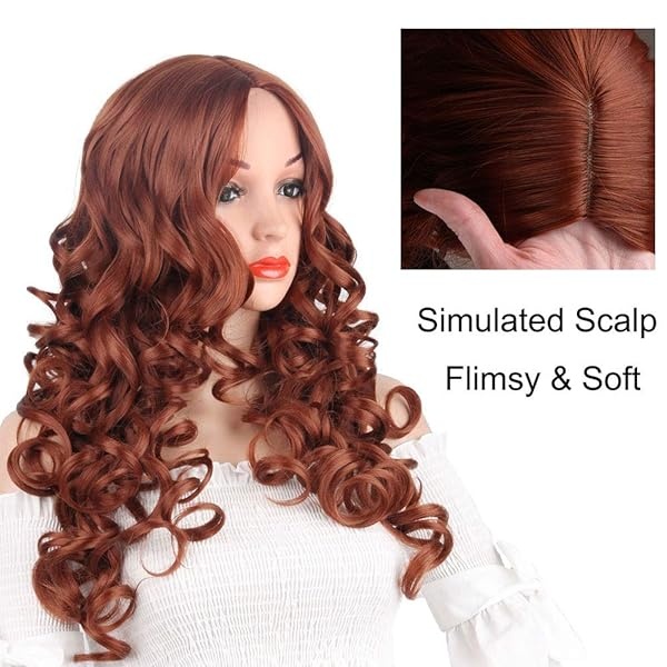 Pelucas Auburn Pelucas largas onduladas rojas sintéticas para mujeres Pelucas de jengibre rizadas naranja oscuro pelo ondulado resistente al calor rojo cobre peluca de repuesto Cosplay peluca - Image 6