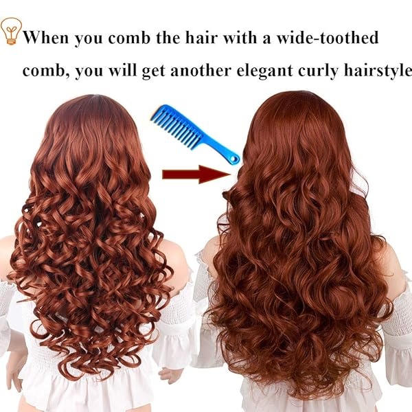 Pelucas Auburn Pelucas largas onduladas rojas sintéticas para mujeres Pelucas de jengibre rizadas naranja oscuro pelo ondulado resistente al calor rojo cobre peluca de repuesto Cosplay peluca - Image 8