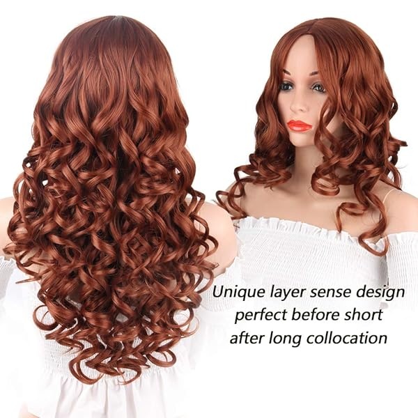 Pelucas Auburn Pelucas largas onduladas rojas sintéticas para mujeres Pelucas de jengibre rizadas naranja oscuro pelo ondulado resistente al calor rojo cobre peluca de repuesto Cosplay peluca - Image 9