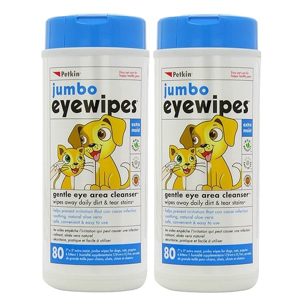 Petkin Jumbo Pet Eye Wipes, 80 toallitas extra húmedas, paquete de 2 – fórmula natural elimina suavemente la suciedad, la descarga y las manchas de desgarro – Seguro, conveniente y fácil de usar toallitas para mascotas para perros, gatos, cachorros y gatitos