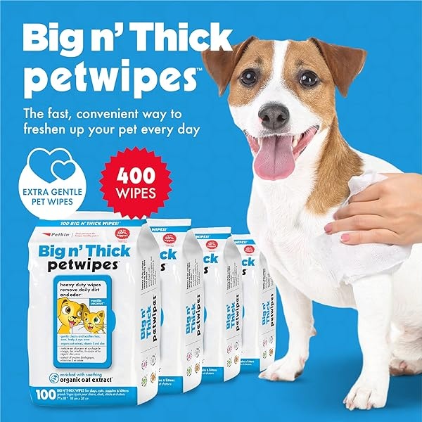 Petkin Petwipes, 400 toallitas – Big 'n Thick Extra Large Pet Wipes for Dogs and Cats – Limpia cara, orejas, cuerpo y zona de los ojos – Súper conveniente, ideal para el hogar o viajes – 4 paquetes de 100 toallitas - Image 3