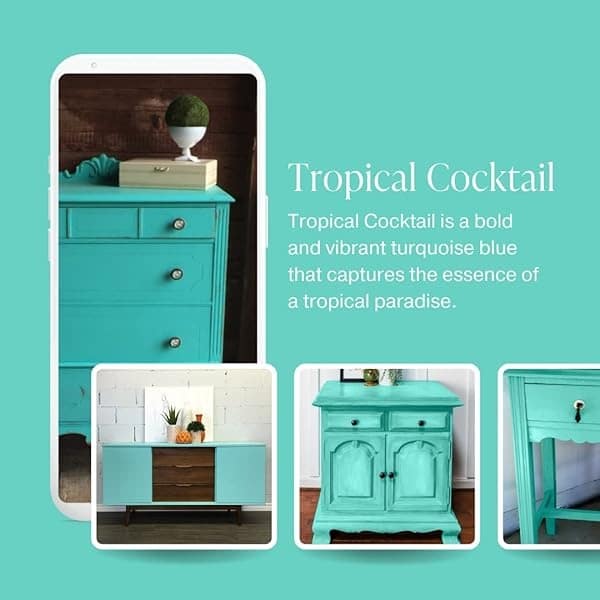Pintura de estilo gis, para muebles, decoración del hogar, manualidades, respetuosa con el medio ambiente, todo en uno, no necesita cera (cóctel tropical [turquesa], cuarto de galón (32 onzas)) - Image 4