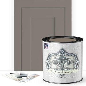 Pintura todo en uno, Stonehenge (gris de tono medio), 32 onzas líquidas de cuarto de galón Pintura duradera para armarios y muebles. Imprimación y capa superior integradas, no necesita lijar.
