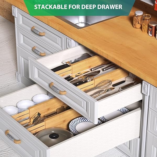 Pipishell 4-Pack Bamboo Drawer Dividers, 17.5-20.8" Adjustable Separators Expandable Drawer Divider Organizers Kitchen Utensils Organization Extra Long for Dresser Bedroom Bathroom Office 2.5" High - Image 7
