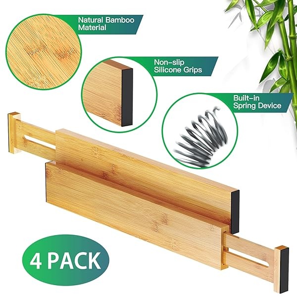 Pipishell 4-Pack Bamboo Drawer Dividers, 17.5-20.8" Adjustable Separators Expandable Drawer Divider Organizers Kitchen Utensils Organization Extra Long for Dresser Bedroom Bathroom Office 2.5" High - Image 8
