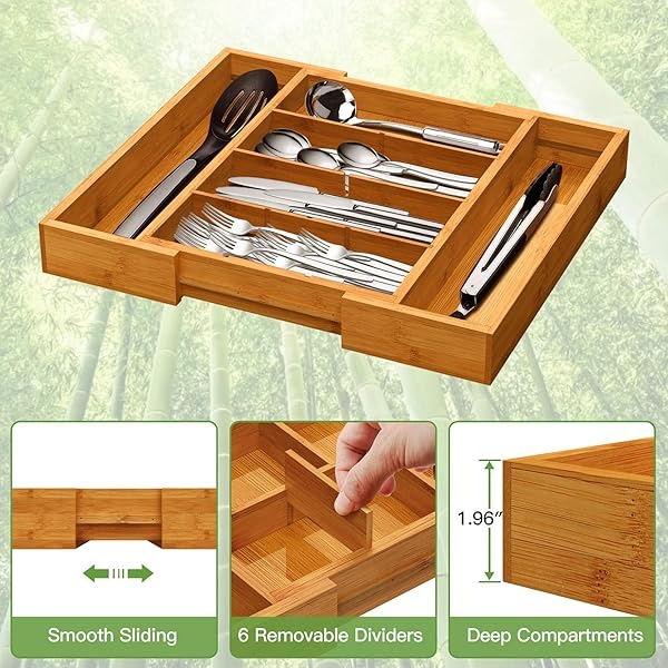 Pipishell Organizador de cajones expandible de bambú, organizador de cubiertos ajustable con separadores extraíbles, bandeja de cubiertos perfecta para cocina, baño, oficina, recámara - Image 3