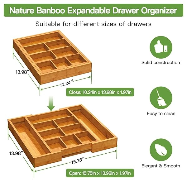 Pipishell Organizador de cajones expandible de bambú, organizador de cubiertos ajustable con separadores extraíbles, bandeja de cubiertos perfecta para cocina, baño, oficina, recámara - Image 4