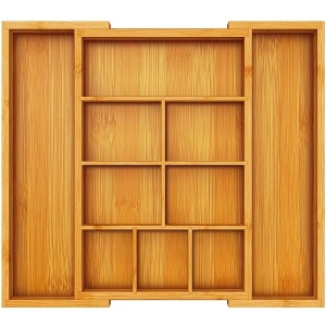 Pipishell Organizador de cajones expandible de bambú, organizador de cubiertos ajustable con separadores extraíbles, bandeja de cubiertos perfecta para cocina, baño, oficina, recámara