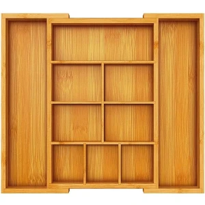 Pipishell Organizador de cajones expandible de bambú, organizador de cubiertos ajustable con separadores extraíbles, bandeja de cubiertos perfecta para cocina, baño, oficina, recámara
