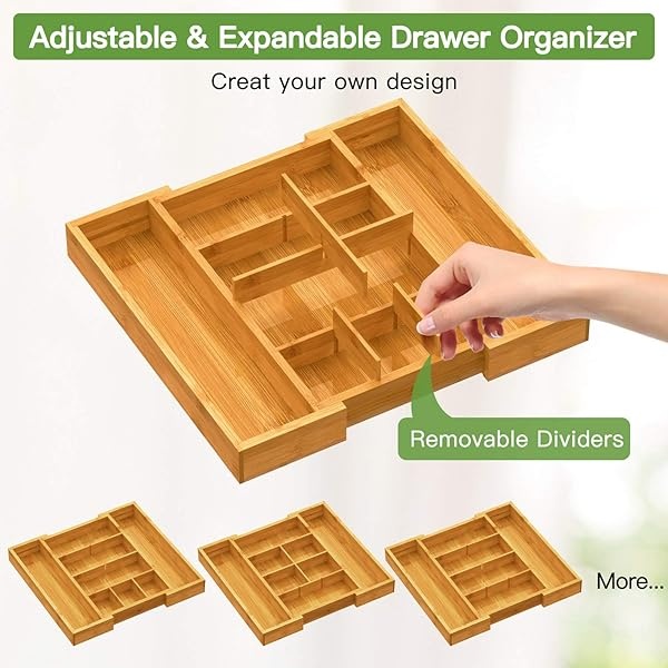 Pipishell Organizador de cajones expandible de bambú, organizador de cubiertos ajustable con separadores extraíbles, bandeja de cubiertos perfecta para cocina, baño, oficina, recámara - Image 5