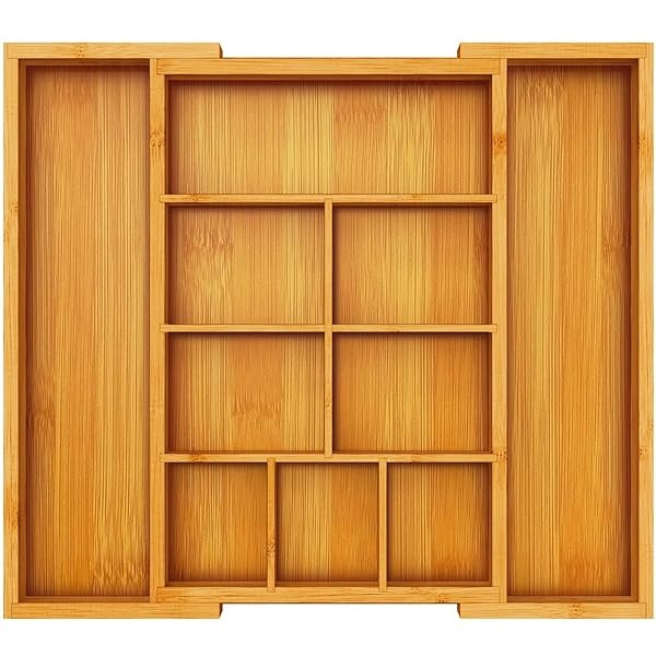 Pipishell Organizador de cajones expandible de bambú, organizador de cubiertos ajustable con separadores extraíbles, bandeja de cubiertos perfecta para cocina, baño, oficina, recámara