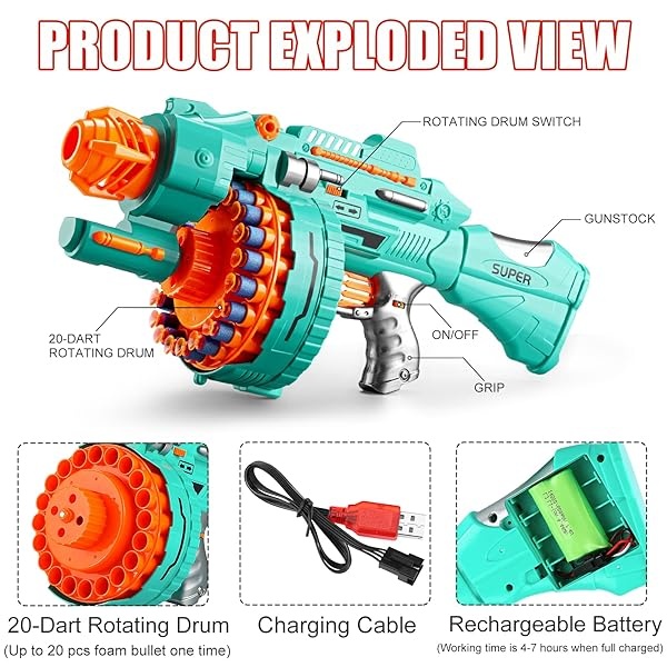 Pistola de juguete eléctrica automática de espuma con 200 balas de espuma, tambor giratorio de 20 dardos, pistolas de juguetes motorizadas para niños de 6 a 12 años, regalos de cumpleaños de Navidad - Image 4