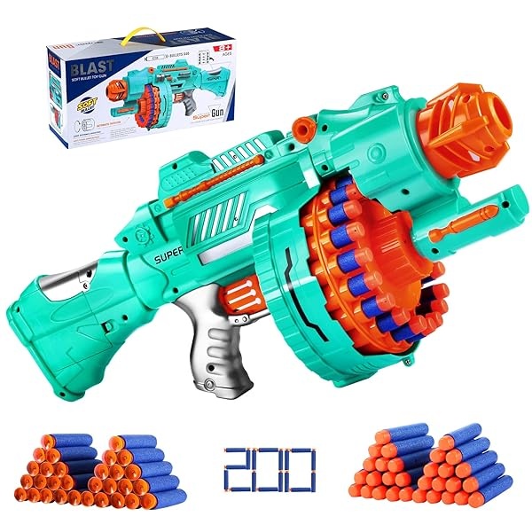 Pistola de juguete eléctrica automática de espuma con 200 balas de espuma, tambor giratorio de 20 dardos, pistolas de juguetes motorizadas para niños de 6 a 12 años, regalos de cumpleaños de Navidad