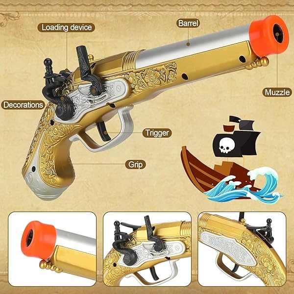Pistola de juguete para niños con 20 dardos de espuma suave con temática pirata, accesorio de disfraz de bucanero para niños de 3, 4, 5, 6 años - Image 3