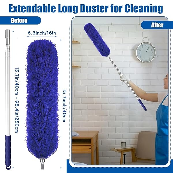 Plumero con poste largo ajustable de 30 a 100 pulgadas, plumero de plumas extensible para limpiar ventilador de techo, muebles, persianas y muebles (azul) - Image 3
