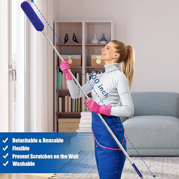 Plumero con poste largo ajustable de 30 a 100 pulgadas, plumero de plumas extensible para limpiar ventilador de techo, muebles, persianas y muebles (azul) - Image 4