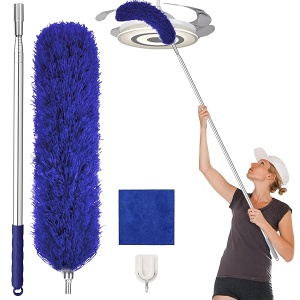 Plumero con poste largo ajustable de 30 a 100 pulgadas, plumero de plumas extensible para limpiar ventilador de techo, muebles, persianas y muebles (azul)