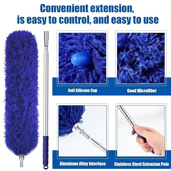 Plumero con poste largo ajustable de 30 a 100 pulgadas, plumero de plumas extensible para limpiar ventilador de techo, muebles, persianas y muebles (azul) - Image 5