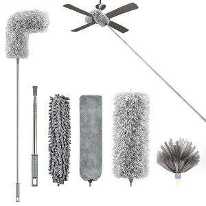 Plumero de microfibra con poste de extensión (poste de acero inoxidable más grueso de 2 a 8 pies), plumero extensible 4 en 1, plumero plegable lavable, plumero de plumas de mango largo para limpiar ventilador de techo, techo, muebles