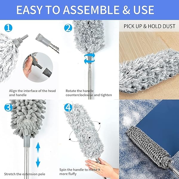 Plumero de microfibra con poste de extensión (poste de acero inoxidable más grueso de 2 a 8 pies), plumero extensible 4 en 1, plumero plegable lavable, plumero de plumas de mango largo para limpiar ventilador de techo, techo, muebles - Image 5