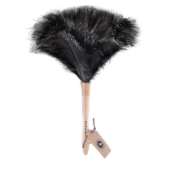 Plumero de plumas de avestruz, plumero esponjoso natural genuino de avestruz y ecológico, reutilizable, mango largo, plumero de plumas de avestruz, color negro, longitud 16 pulgadas, 1 paquete