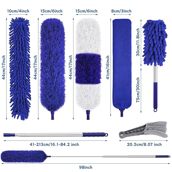 Plumeros para limpieza, 9 plumeros de plumas con poste de extensión de hasta 100 pulgadas, plumero largo extensible plegable lavable para limpiar lámpara de techo, techo alto, muebles (azul) - Image 3
