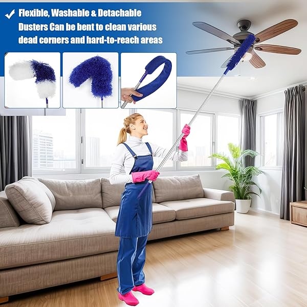 Plumeros para limpieza, 9 plumeros de plumas con poste de extensión de hasta 100 pulgadas, plumero largo extensible plegable lavable para limpiar lámpara de techo, techo alto, muebles (azul) - Image 4