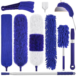 Plumeros para limpieza, 9 plumeros de plumas con poste de extensión de hasta 100 pulgadas, plumero largo extensible plegable lavable para limpiar lámpara de techo, techo alto, muebles (azul)