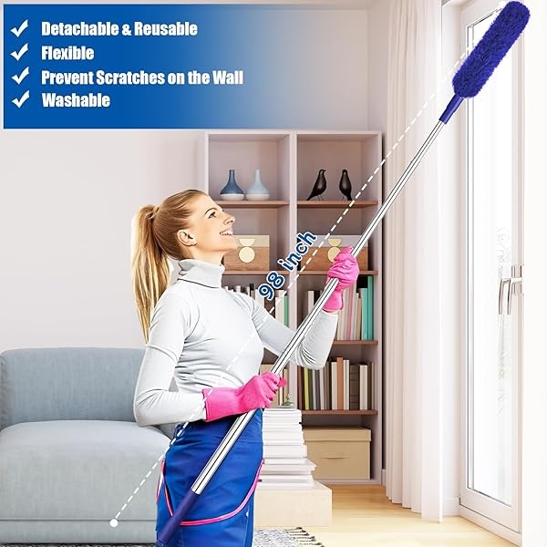 Plumeros para limpieza, 9 plumeros de plumas con poste de extensión de hasta 100 pulgadas, plumero largo extensible plegable lavable para limpiar lámpara de techo, techo alto, muebles (azul) - Image 5
