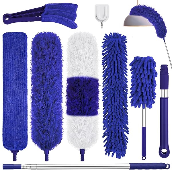 Plumeros para limpieza, 9 plumeros de plumas con poste de extensión de hasta 100 pulgadas, plumero largo extensible plegable lavable para limpiar lámpara de techo, techo alto, muebles (azul)