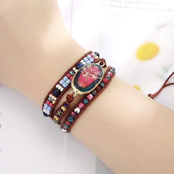 Plumiss IUNIQUEEN - Pulsera de Piel Chakra Hecha a Mano de Jaspe Imperial Ajustable (Tubo Chakra tamaño Hombre) - Image 3