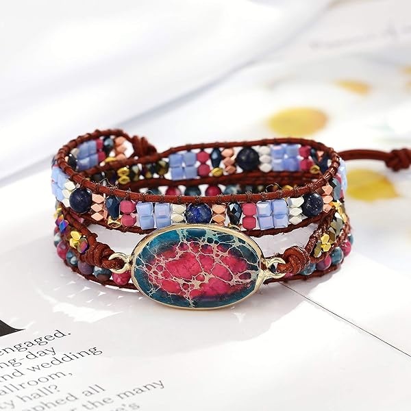 Plumiss IUNIQUEEN - Pulsera de Piel Chakra Hecha a Mano de Jaspe Imperial Ajustable (Tubo Chakra tamaño Hombre) - Image 4