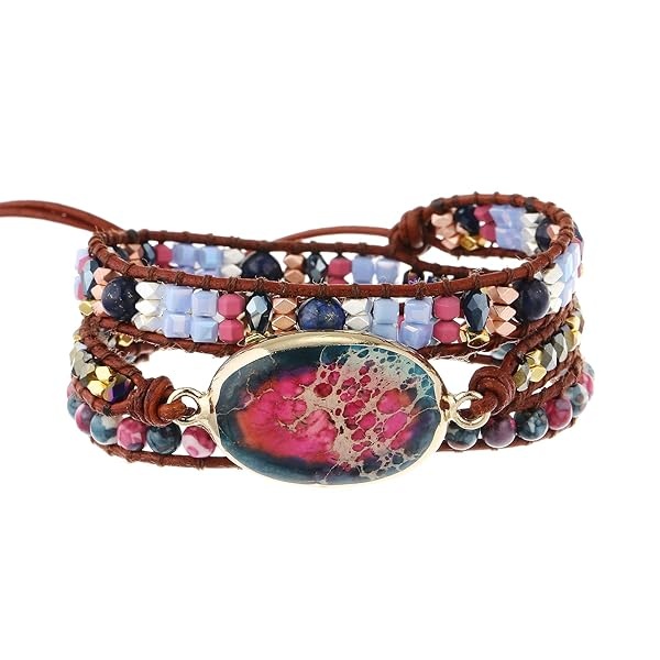 Plumiss IUNIQUEEN - Pulsera de Piel Chakra Hecha a Mano de Jaspe Imperial Ajustable (Tubo Chakra tamaño Hombre)