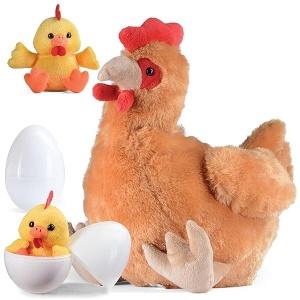 Plush Egg Laying Hen Chicken with Zippered Pouch and Two Plastic Eggs and Its Two Little Baby Chicks Inside Egg