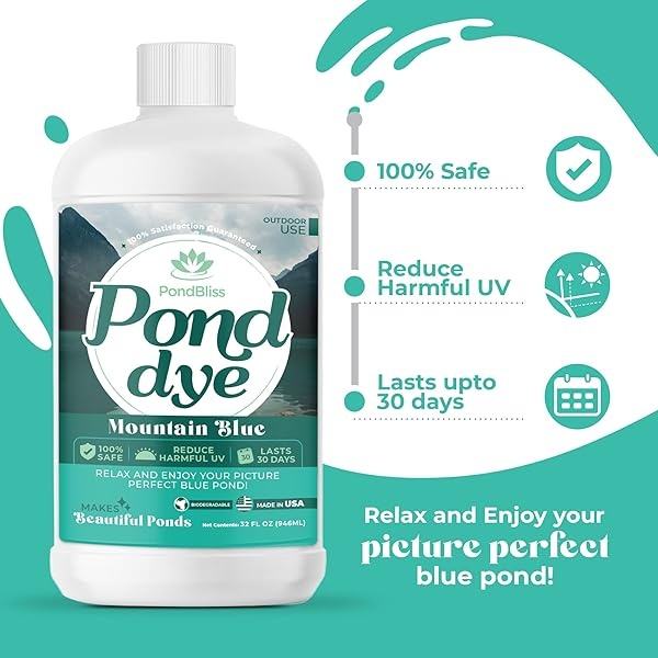 PondBliss Mountain Blue - Tinte para estanque, concentrado de 1 acre, seguro para peces y animales, tinte líquido de 1 cuarto de galón (32 onzas) - Image 4