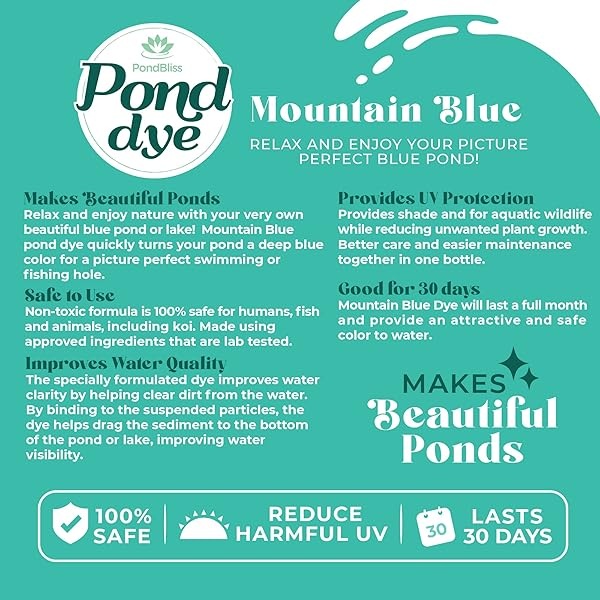 PondBliss Mountain Blue - Tinte para estanque, concentrado de 1 acre, seguro para peces y animales, tinte líquido de 1 cuarto de galón (32 onzas) - Image 7