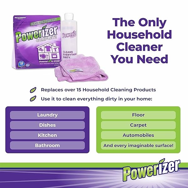 Powerizer Kit de inicio completo | Polvo concentrado de limpieza de 3 libras, 2 paños de microfibra y 1 botella de chorro | Detergente para lavavajillas y lavandería, y limpiador multiusos | Paquetes de suministros de limpieza - Image 4