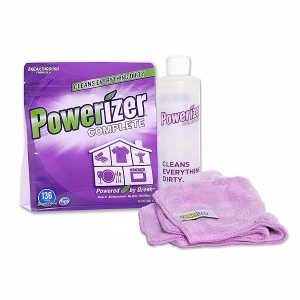Powerizer Kit de inicio completo | Polvo concentrado de limpieza de 3 libras, 2 paños de microfibra y 1 botella de chorro | Detergente para lavavajillas y lavandería, y limpiador multiusos | Paquetes de suministros de limpieza