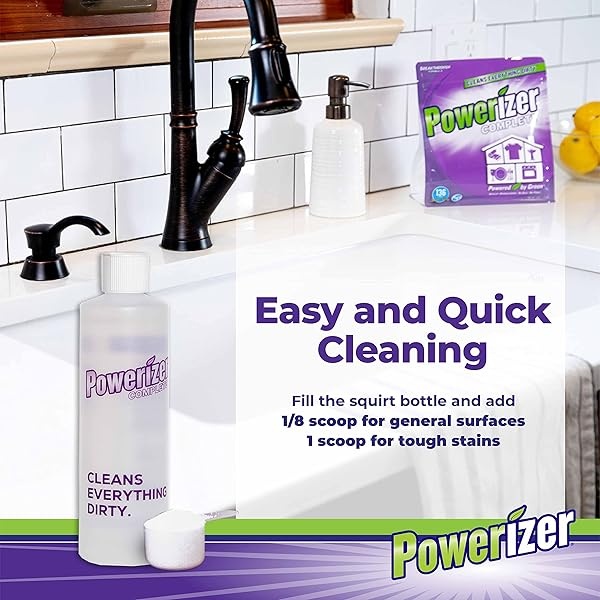 Powerizer Kit de inicio completo | Polvo concentrado de limpieza de 3 libras, 2 paños de microfibra y 1 botella de chorro | Detergente para lavavajillas y lavandería, y limpiador multiusos | Paquetes de suministros de limpieza - Image 7
