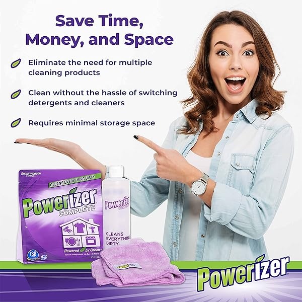 Powerizer Kit de inicio completo | Polvo concentrado de limpieza de 3 libras, 2 paños de microfibra y 1 botella de chorro | Detergente para lavavajillas y lavandería, y limpiador multiusos | Paquetes de suministros de limpieza - Image 8