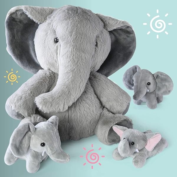 Prextex Carry Along Plush Elephant with 3 Little Plush Baby Elephants - 4 Piece Soft Stuffed Animals Playset - Image 3