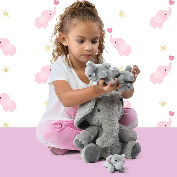 Prextex Carry Along Plush Elephant with 3 Little Plush Baby Elephants - 4 Piece Soft Stuffed Animals Playset - Image 5