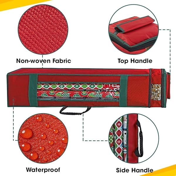 ProPik Bolsa de almacenamiento de papel de regalo con bolsillo y asas, incluye lazo para colgar, material resistente con ventana transparente de 47 x 10 x 10 pulgadas, se adapta a rollos de 40 pulgadas de largo (rojo, 1 unidad) - Image 3