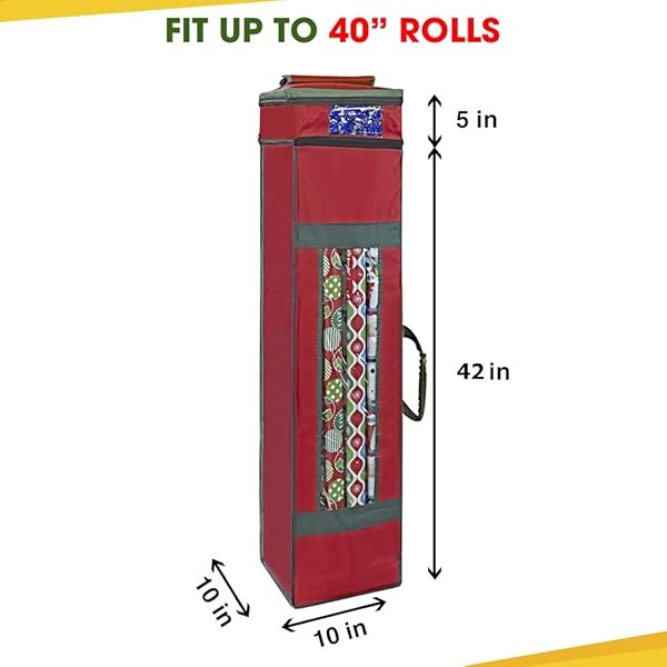 ProPik Bolsa de almacenamiento de papel de regalo con bolsillo y asas, incluye lazo para colgar, material resistente con ventana transparente de 47 x 10 x 10 pulgadas, se adapta a rollos de 40 pulgadas de largo (rojo, 1 unidad) - Image 4