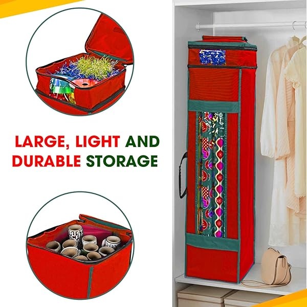 ProPik Bolsa de almacenamiento de papel de regalo con bolsillo y asas, incluye lazo para colgar, material resistente con ventana transparente de 47 x 10 x 10 pulgadas, se adapta a rollos de 40 pulgadas de largo (rojo, 1 unidad) - Image 6