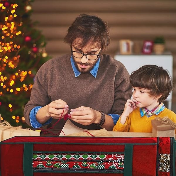 ProPik Bolsa de almacenamiento de papel de regalo con bolsillo y asas, incluye lazo para colgar, material resistente con ventana transparente de 47 x 10 x 10 pulgadas, se adapta a rollos de 40 pulgadas de largo (rojo, 1 unidad) - Image 7